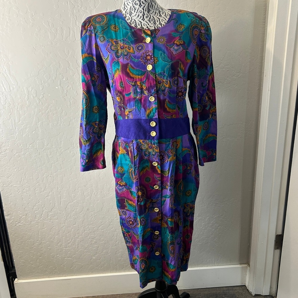 Vintage Floral Midi Dress Womens Purple Teal Shoulder Pads Pockets Cottagecore